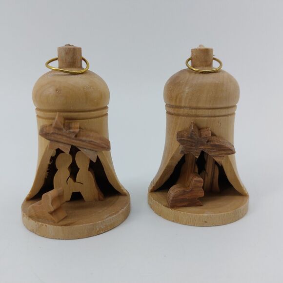 Olive wood Holy Land Carved Bell Nativity Bethlehem Israel Christmas Set of 2 - Picture 1 of 10